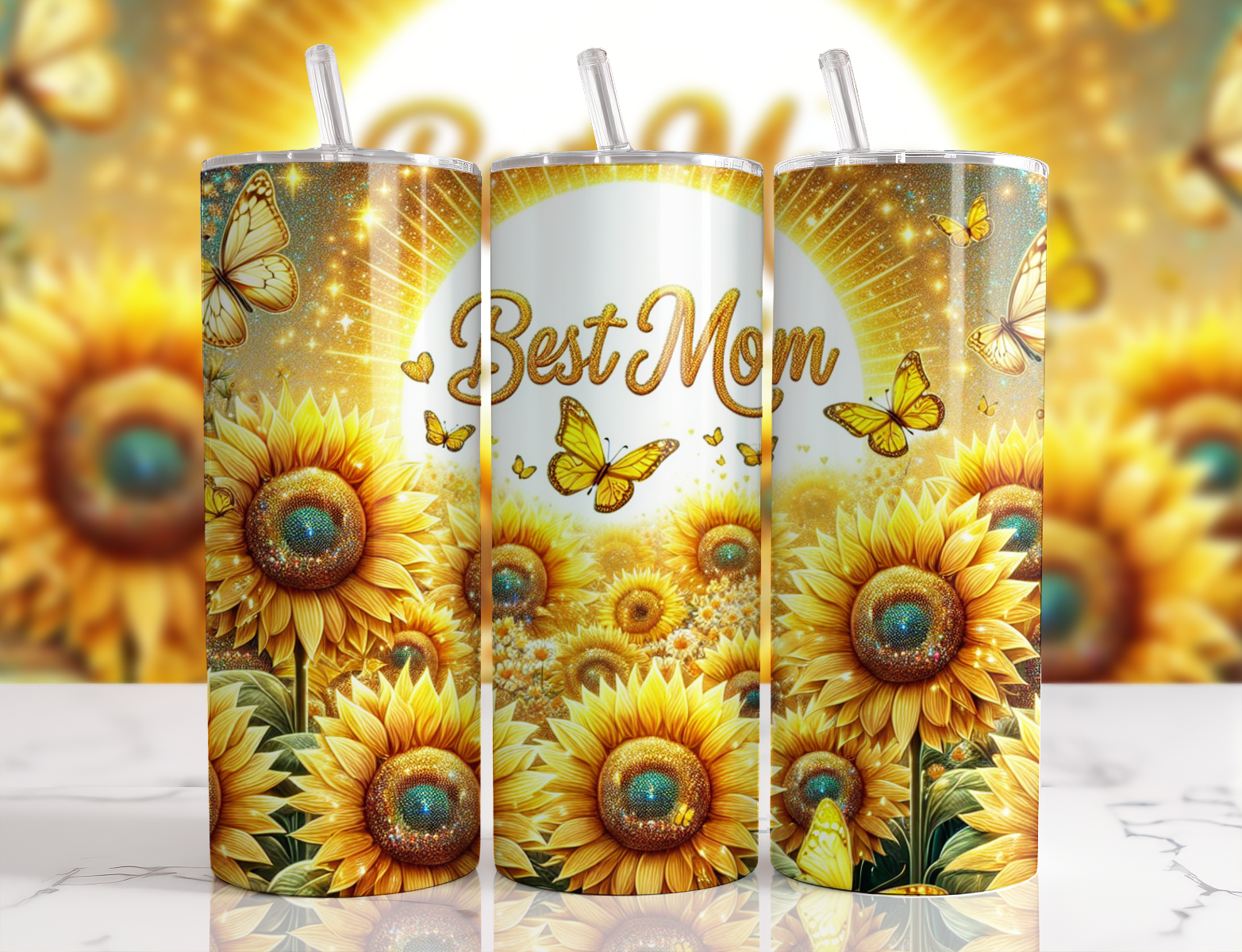 Best Mom Sunflowers and Butterflies 20 oz Skinny Tumbler Cup With Straw