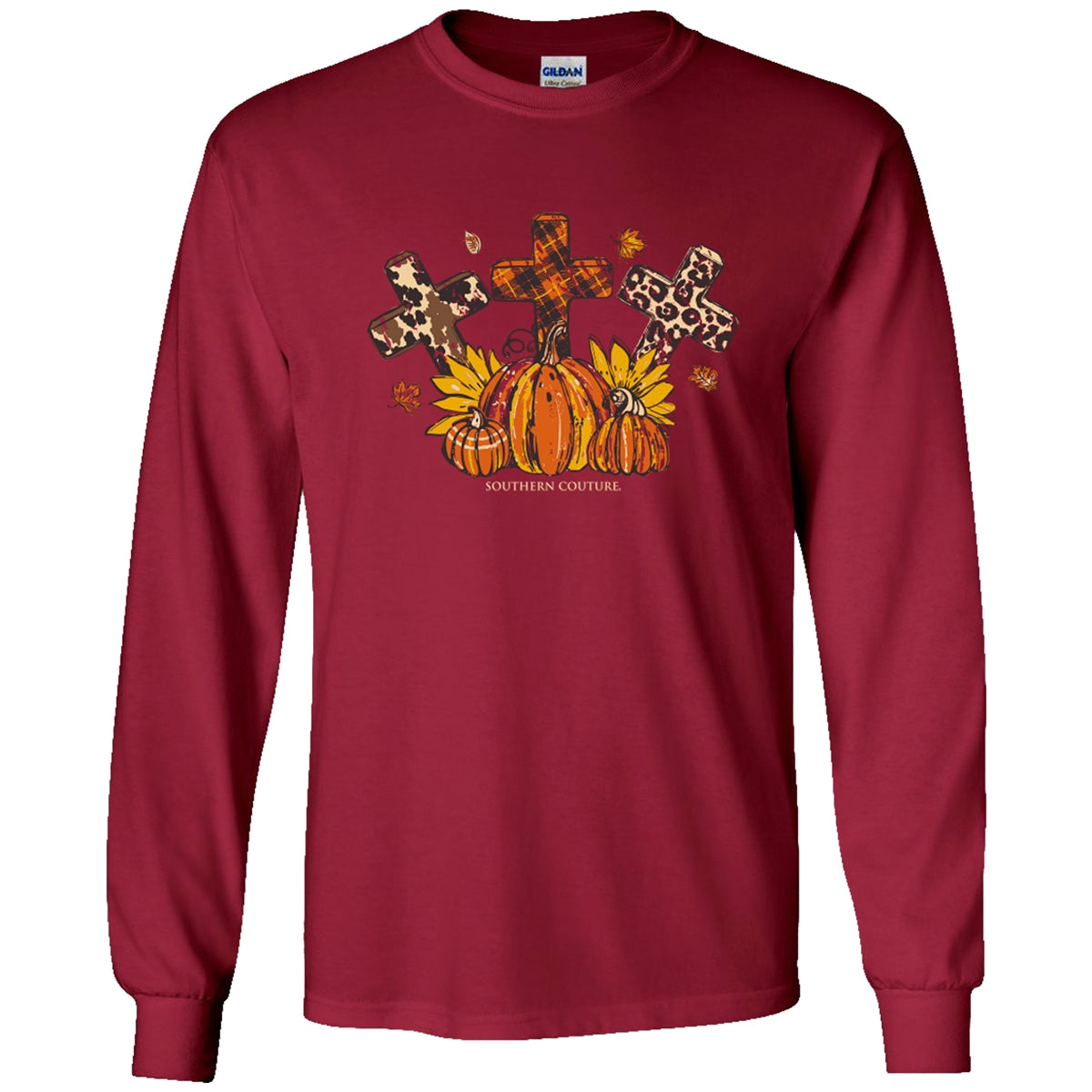 Southern Couture Fall Patterned Crosses Soft Long Sleeve T-Shirt