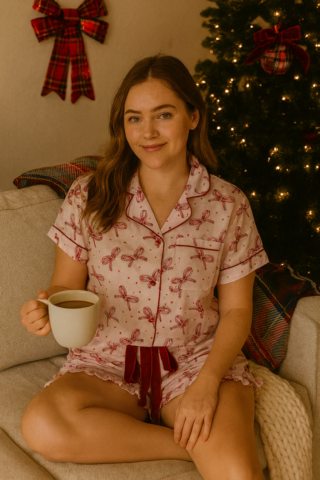 Simply Southern Candy Bow Holiday PJ Shorts & Button Top Set