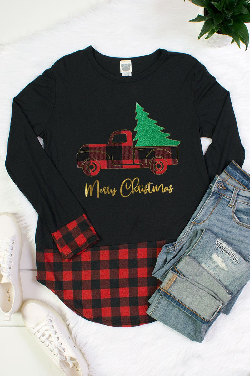 Christmas Truck Glitter Tree Plaid Hem & Cuff Long Sleeve Shirt