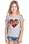 Youth Plaid XOXO Valentine&#39;s Day  Cold Shoulder Cut Out Short Sleeve Shirt