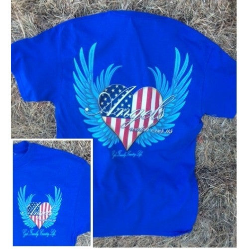 Country Life Outfitters Angel Blue USA Heart American Flag Wings Vintage Girlie Bright T Shirt - SimplyCuteTees