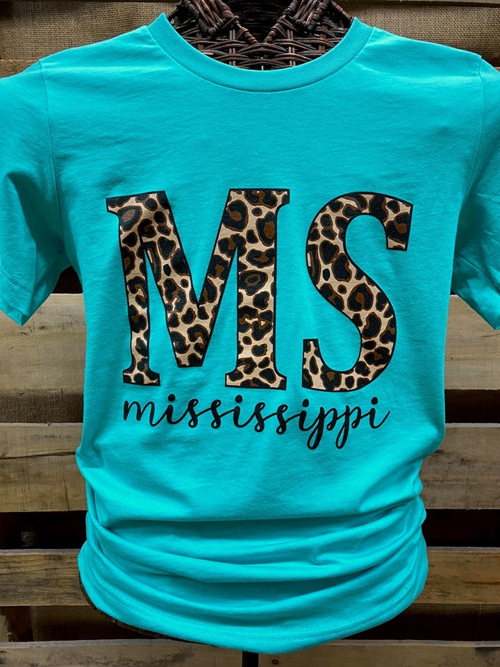 Southern Chics Apparel Mississippi Leopard State Canvas Bright T Shirt