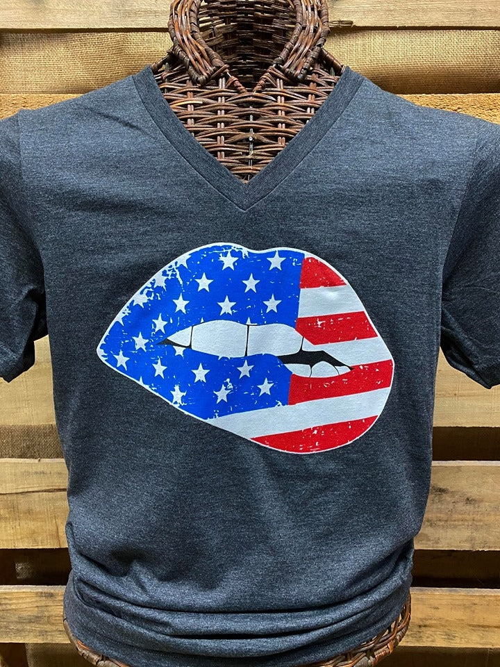 SALE Southern Chics Apparel USA American Flag Biting Lip Canvas Bright T Shirt