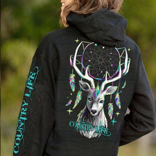 Country Life Feather Deer Dream Black Pullover Shirt Hoodie