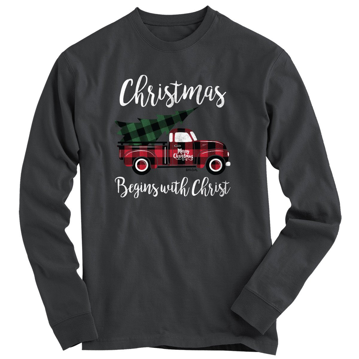 Kerusso Cherished Girl Christmas Plaid Truck Long Sleeve T-Shirt