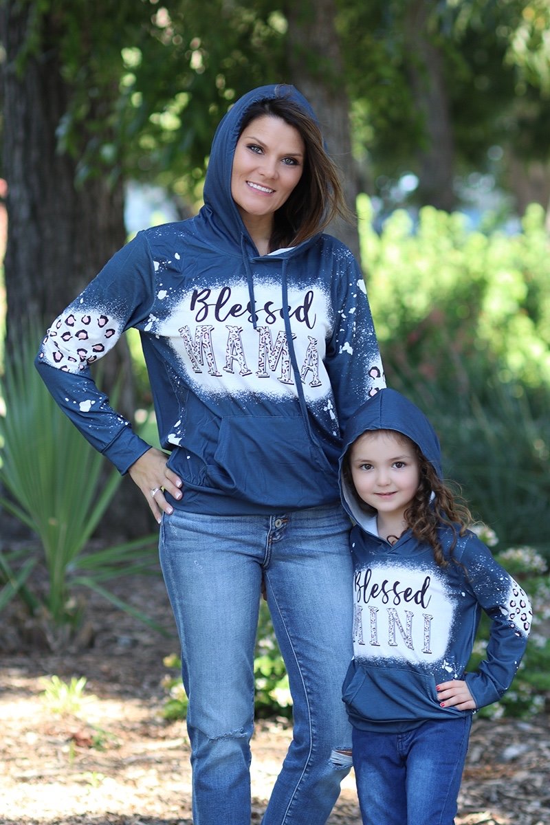 Mommy & Me Baby Youth Blessed Mama & Mini Leopard Long Sleeve Bleach Dye Hoodie T Shirt