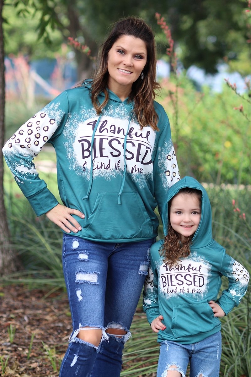 Mommy & Me Baby Youth Thankful Blessed & Kind of a Mess Leopard Long Sleeve Bleach Dye Hoodie T Shirt