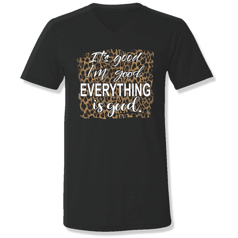 Sassy Frass Everything Is Good Leopard V-Neck Canvas T-Shirt