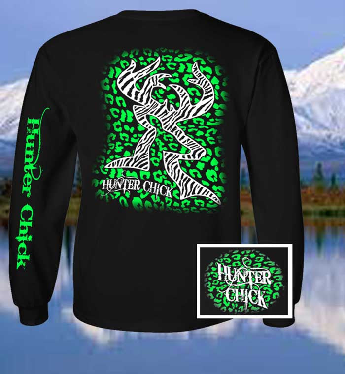 Country Life Outfitters Hunter Chick Black & Green Cheetah Deer Head Hunt Vintage Long Sleeve Bright T Shirt - SimplyCuteTees