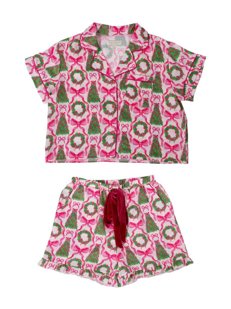 Simply Southern Tree Bow Holiday PJ Shorts &amp; Button Top Set