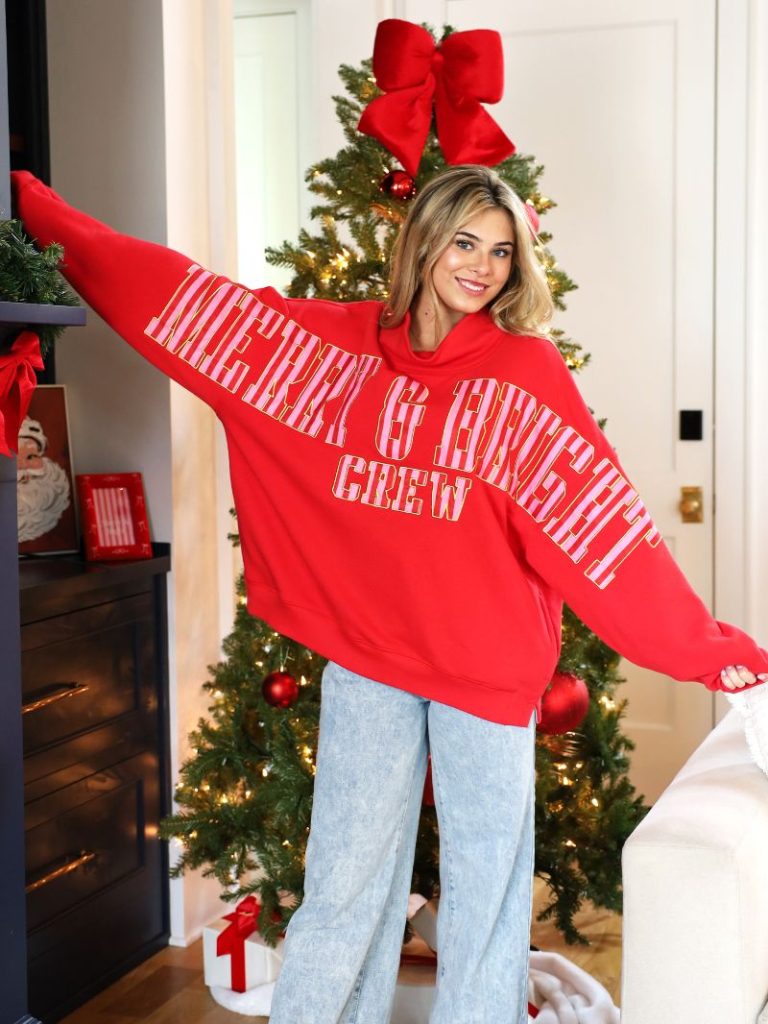 Simply Southern Merry Holiday Mock Neck Pullover Crew Oversized