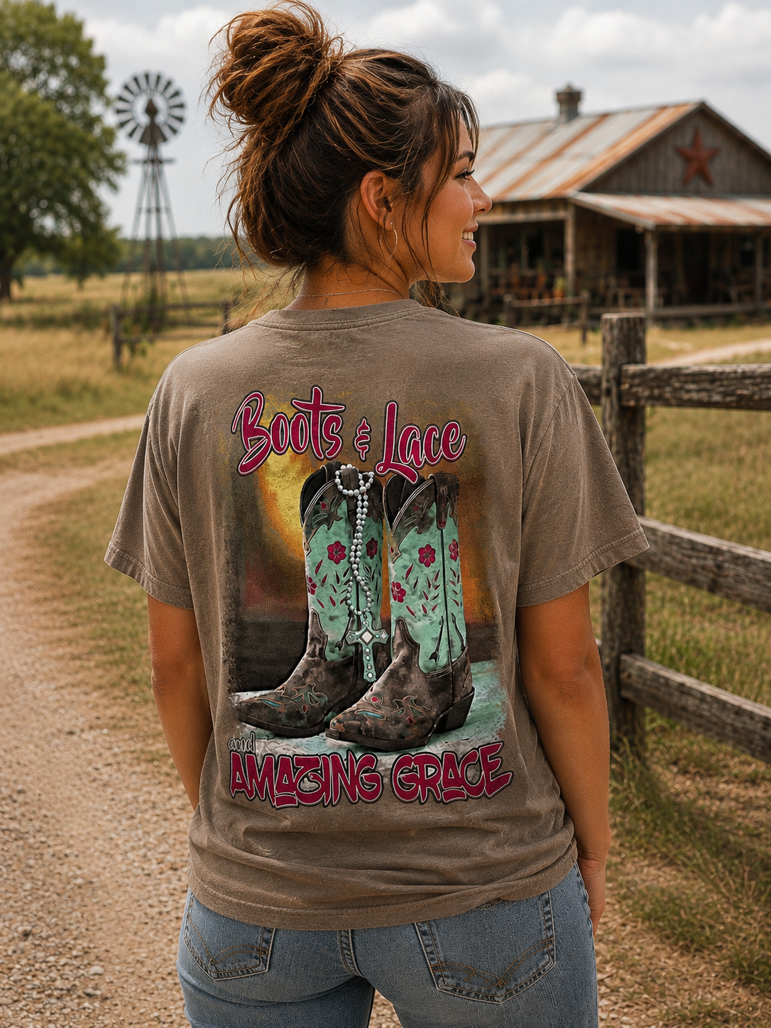 Southern Chics Boots Lace & Amazing Grace Christian Girlie Bright T Shirt
