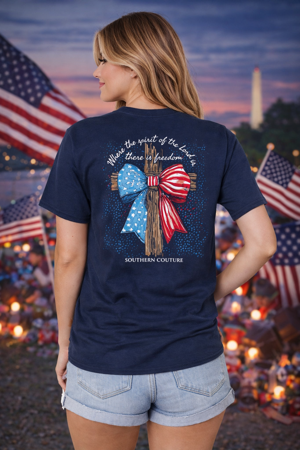 Southern Couture Classic American Bow Cross USA T-Shirt