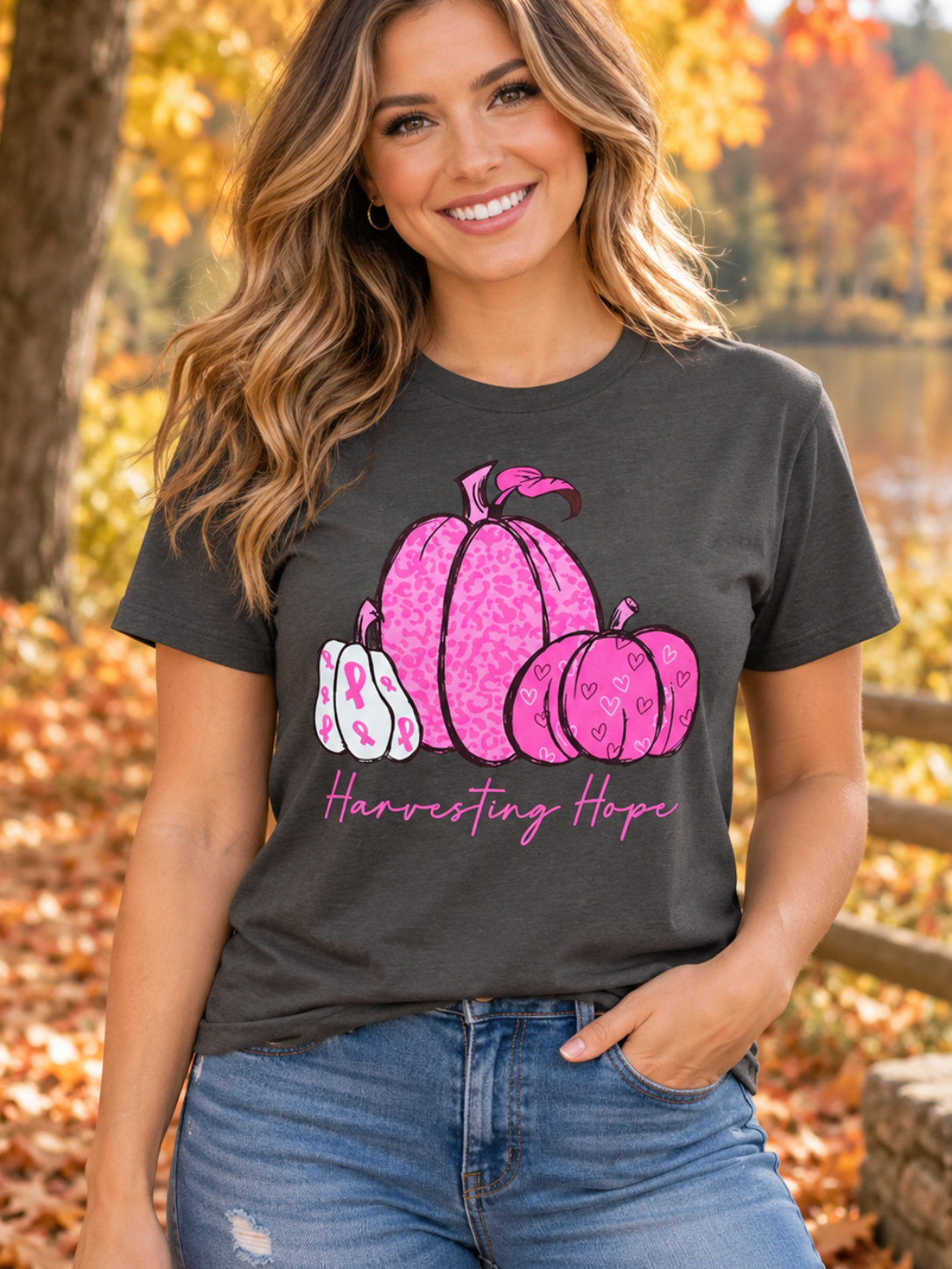 A woman wearing a dark charcoal gray graphic t-shirt with pink pumpkins and the text 'Harvesting Hope', paired with blue jeans, standing outdoors in an autumn park with fallen leaves and trees.