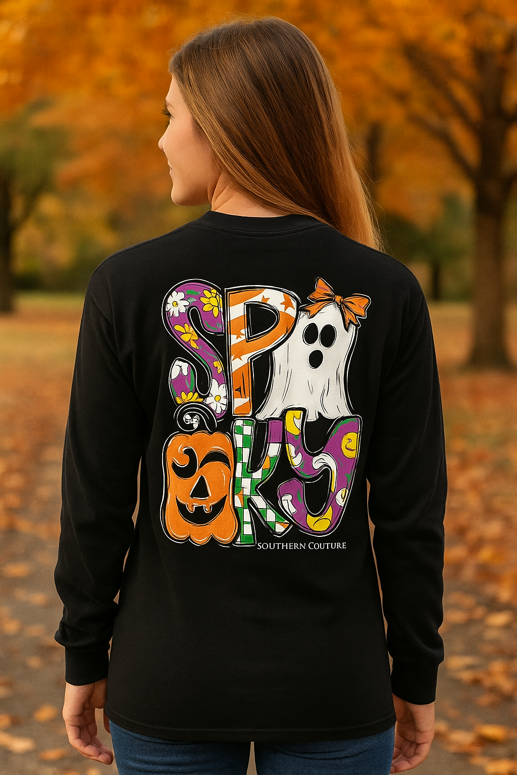 Southern Couture Classic Pattern Letter Spooky Fall Long Sleeve T-Shirt