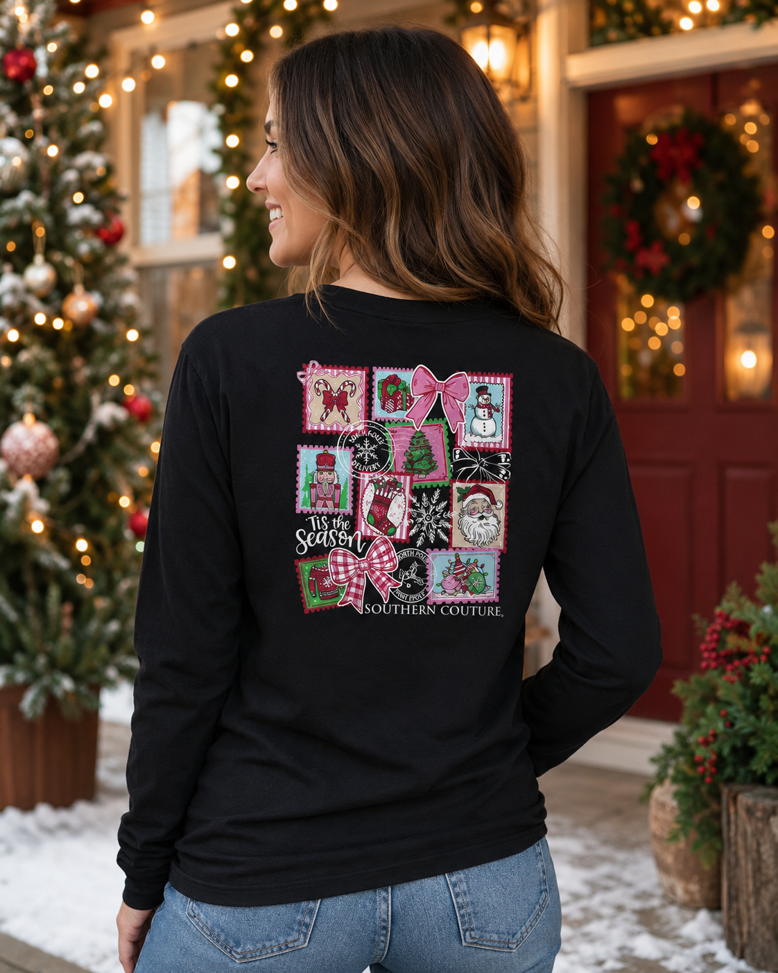 Southern Couture Classic Christmas Stamps Holiday Long Sleeve T-Shirt