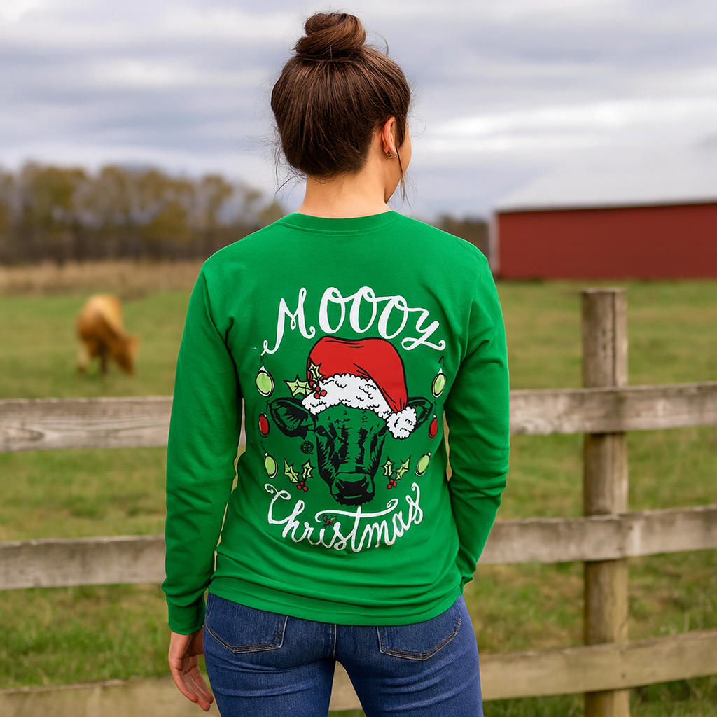 Girlie Girl Originals Preppy Moooy Christmas Santa Hat Cow Holiday Long Sleeve T-Shirt