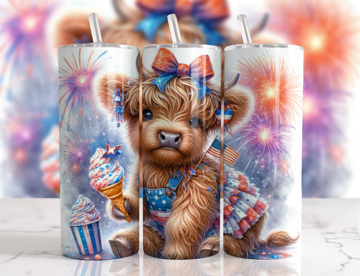Patriotic Cow Highland Heifer 20 oz Skinny Tumbler Cup With Straw
