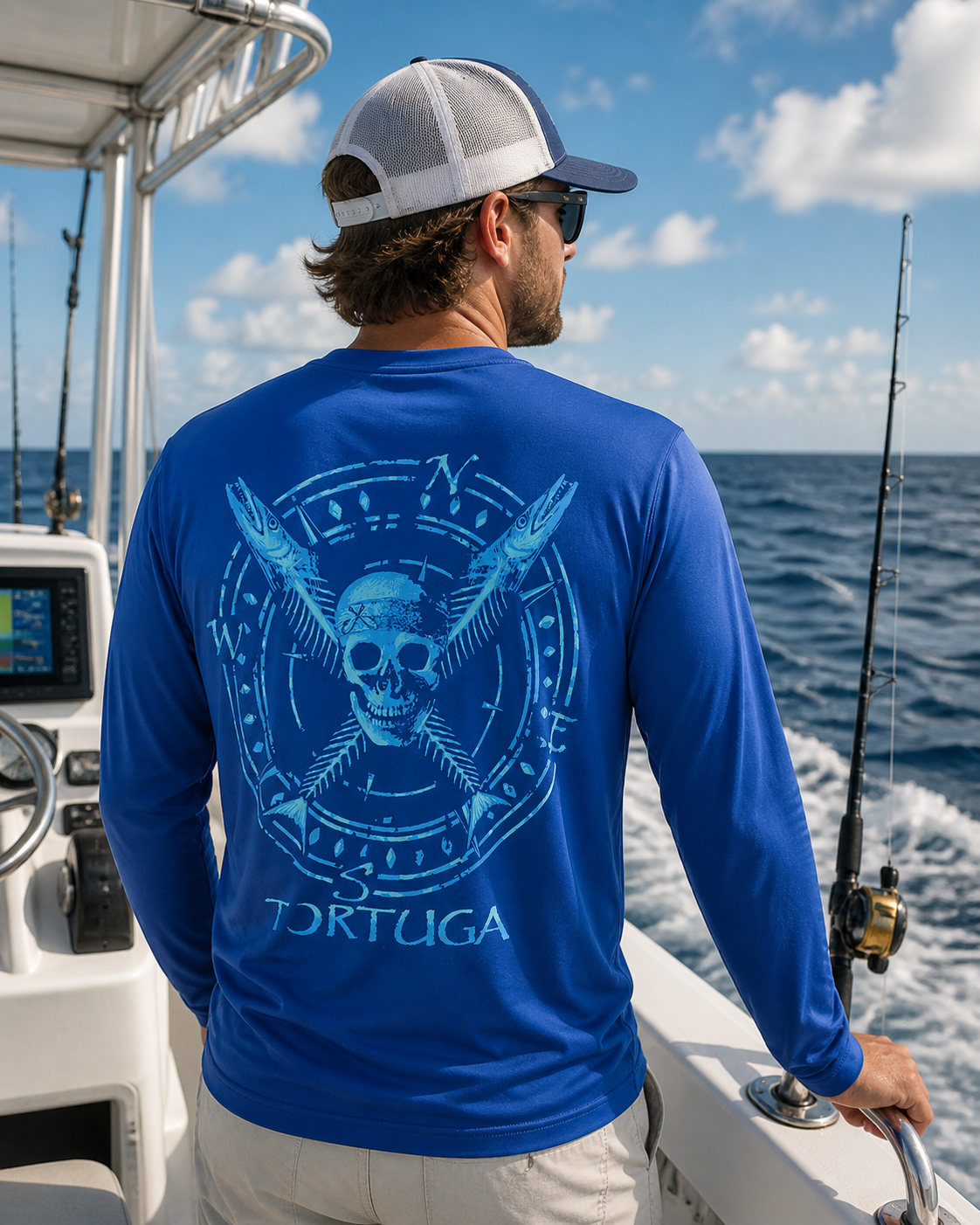 Southern Attitude Tortuga Moon Skull Bones Unisex Sport Tech Rashguard Blue T-Shirt