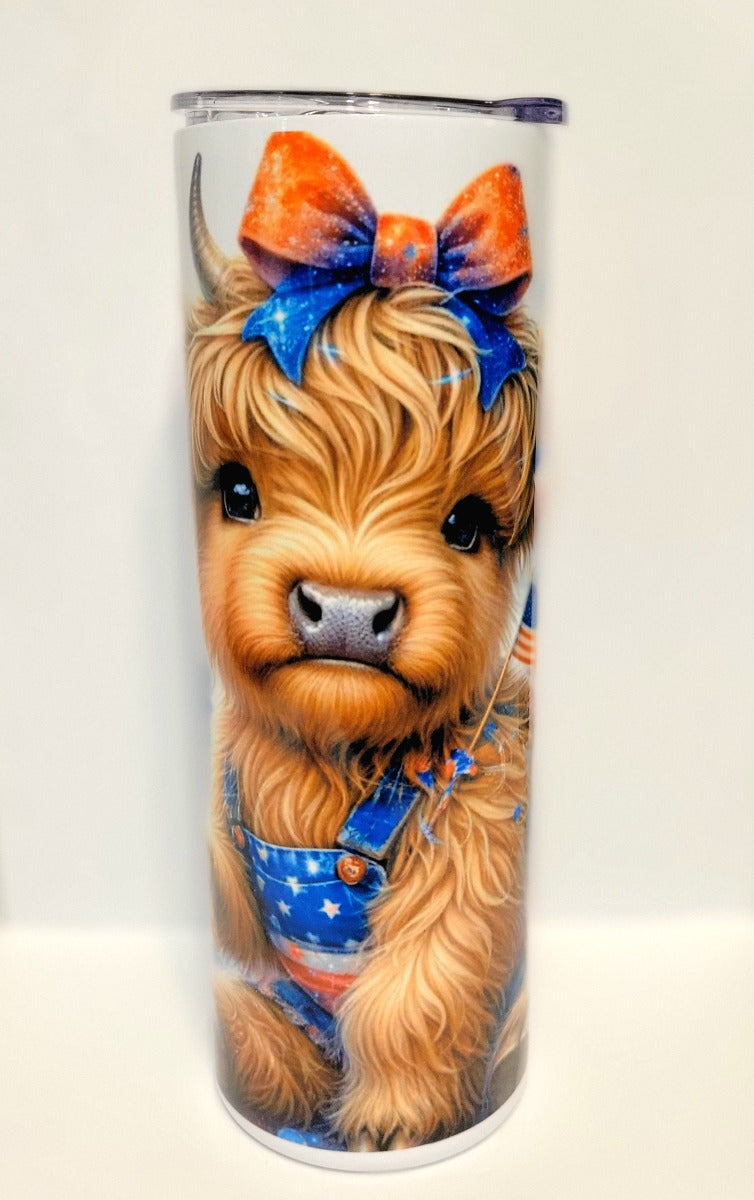 Patriotic Cow Highland Heifer 20 oz Skinny Tumbler Cup With Straw