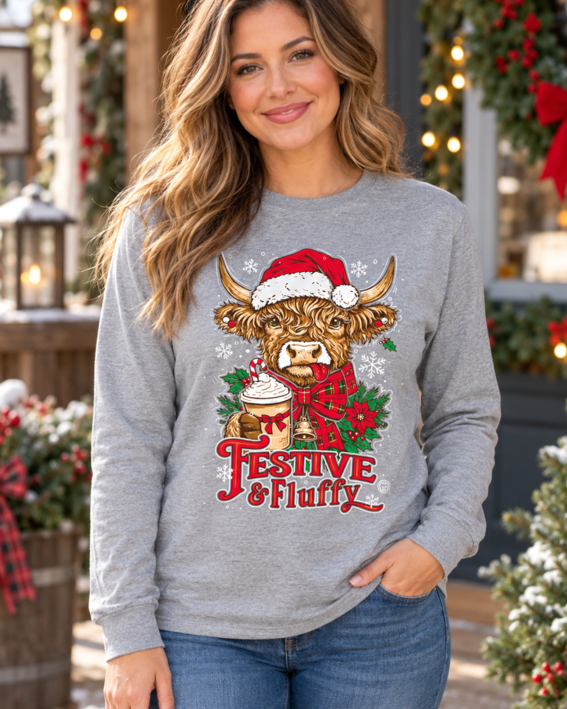 A woman wearing a heather gray long-sleeve crewneck sweatshirt with a festive graphic of a Scottish Highland cow in a Santa hat and scarf, holding a mug, with the text 'Festive Fluffy' below. She is wearing blue jeans and standing in a decorated holiday outdoor setting with lights and wreaths.