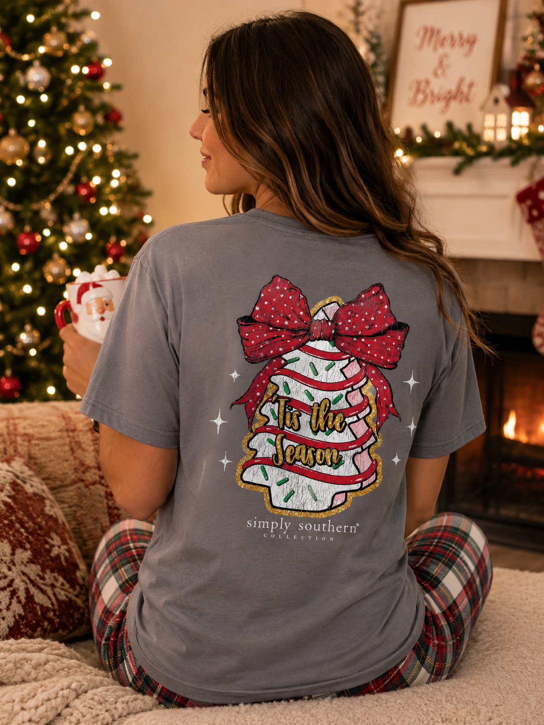 Simply Southern Cake Bow Holiday Washed Coal T-Shirt