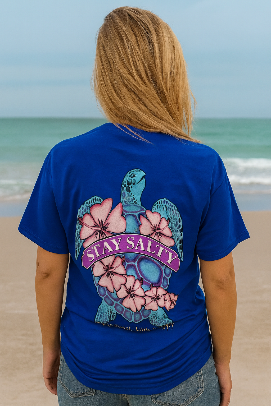 Southern Attitude Snappy Sea Turtle Flower Blue T-Shirt