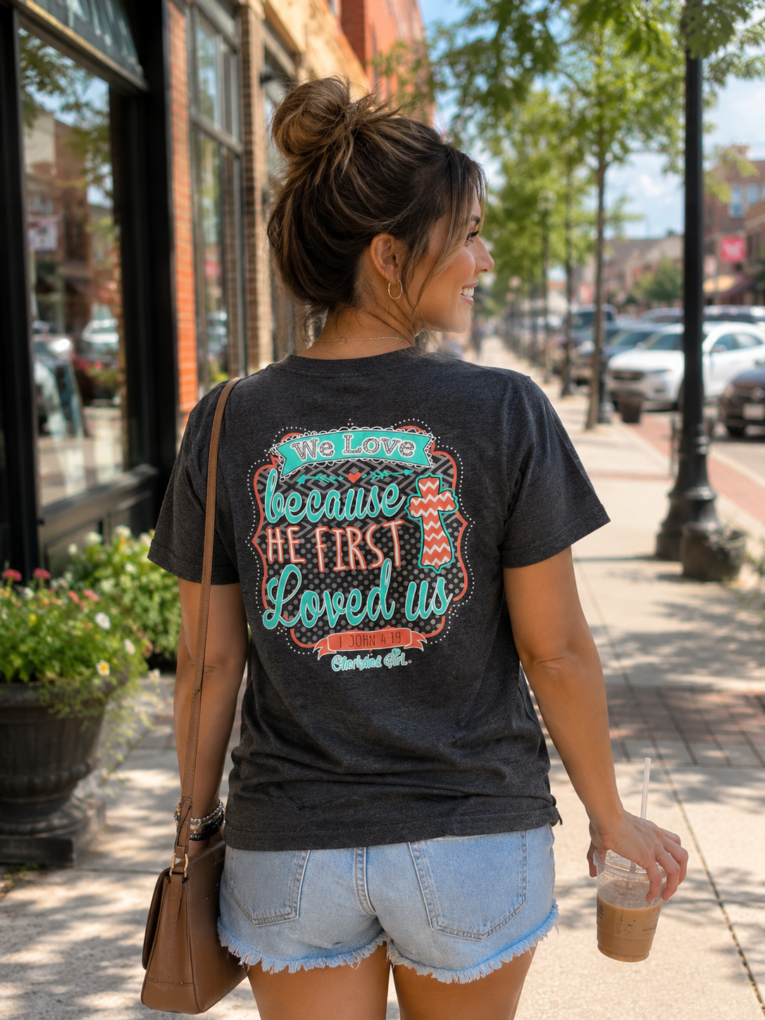 Cherished Girl We Love Bc He Loved Us First Chevron Cross Girlie Christian Bright T Shirt