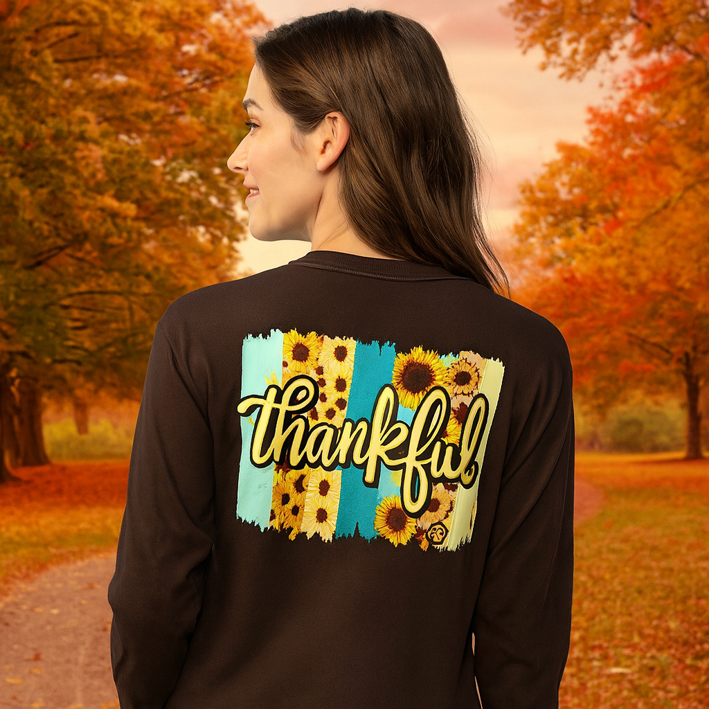 Girlie Girl Originals Preppy Thankful Sunflower Pattern Long Sleeve T-Shirt