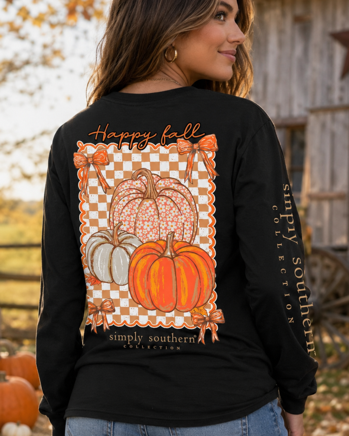 Simply Southern Happy Fall Checkered Pumpkins Long Sleeve T-Shirt