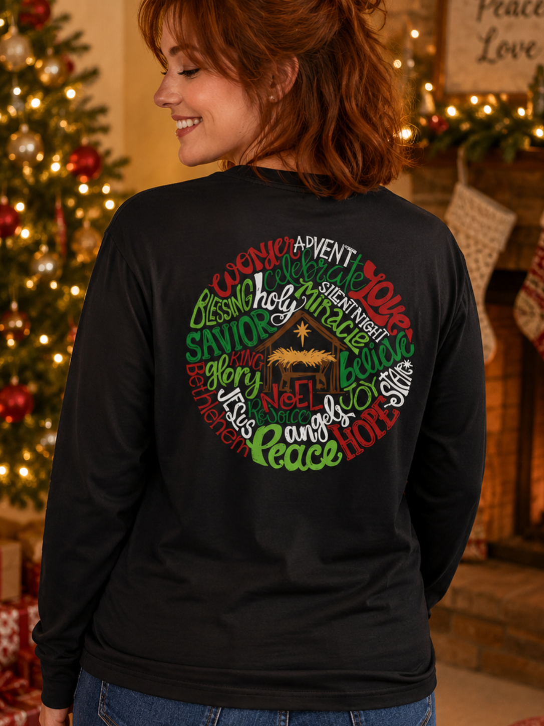 Southern Couture Classic Nativity Words Holiday Long Sleeve T-Shirt