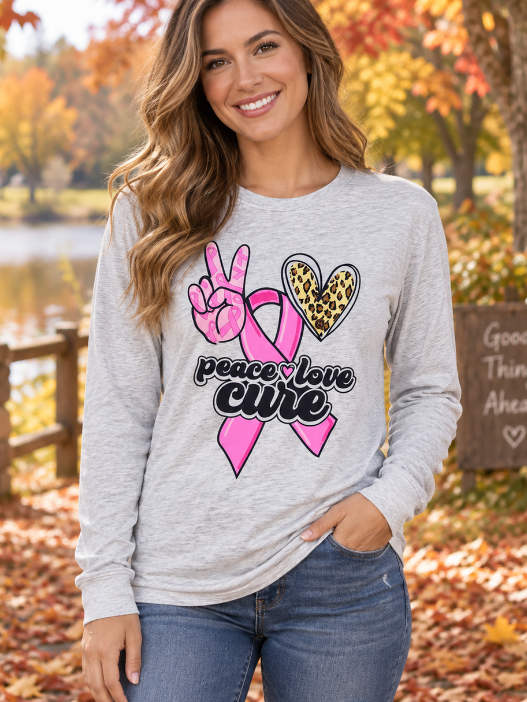 A woman wearing a light heather gray long-sleeve graphic t-shirt with pink and leopard print designs that read 'peace love cure', paired with blue jeans, standing outdoors in an autumn park setting with fallen leaves.