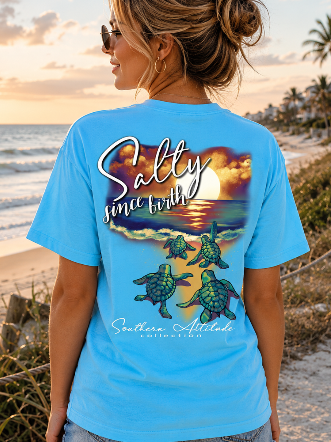 Southern Attitude Salty Since Birth Turtles Sky T-Shirt
