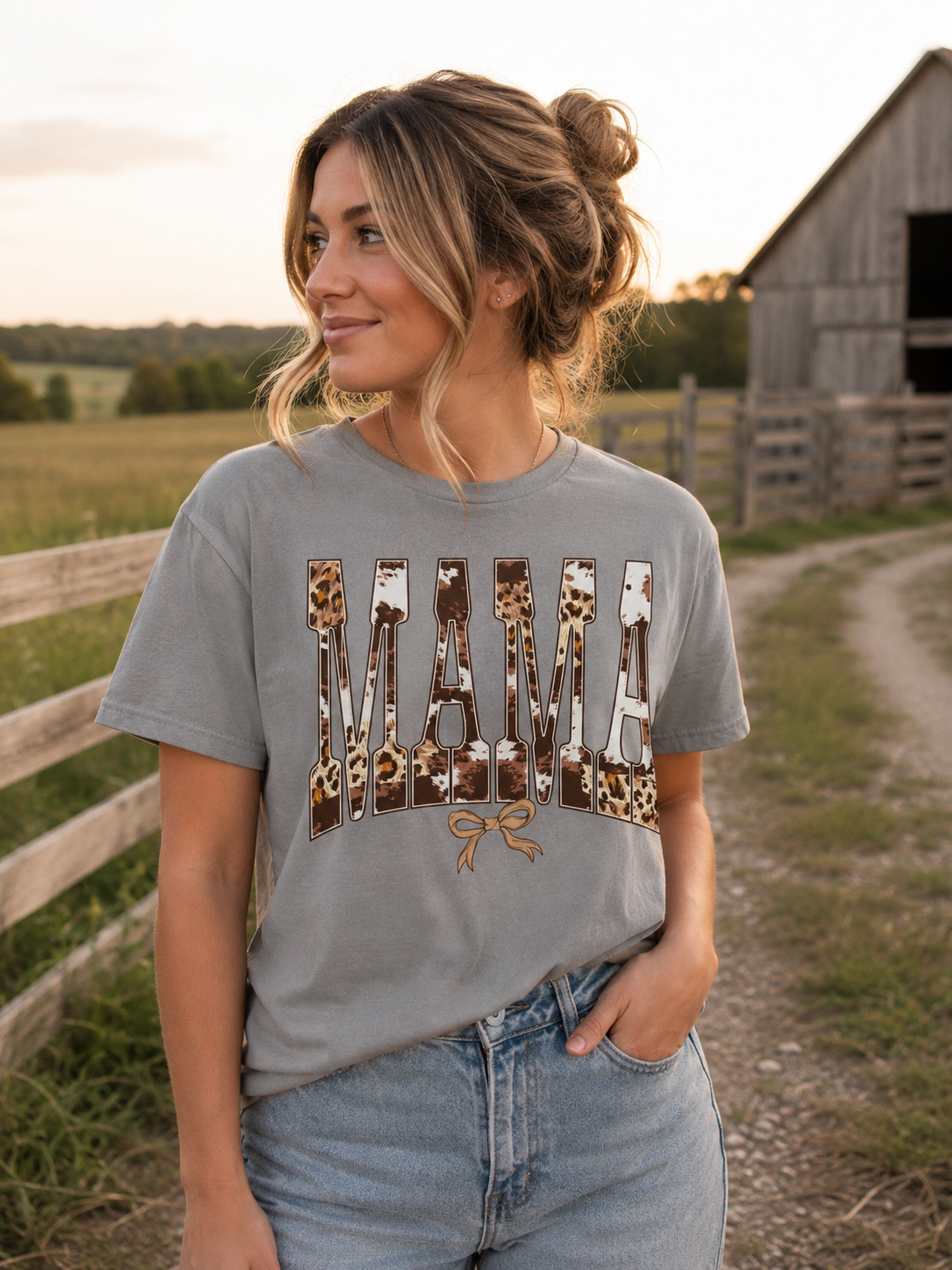 Simply Southern Cowhide Mama Bow Driftwood T-Shirt