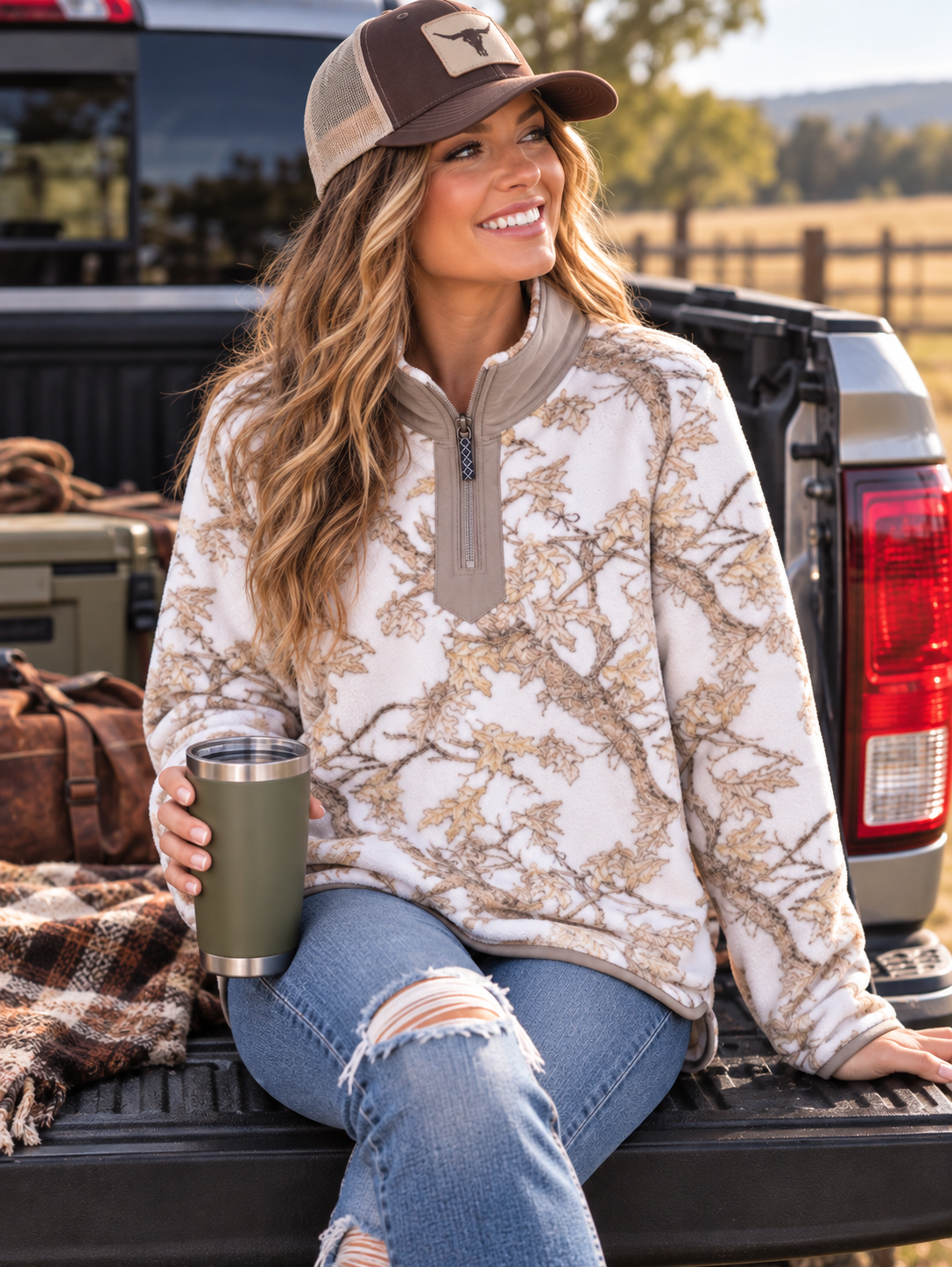Simply Southern 0226 Quarter Zip White Camo Pullover Sweater Jacket