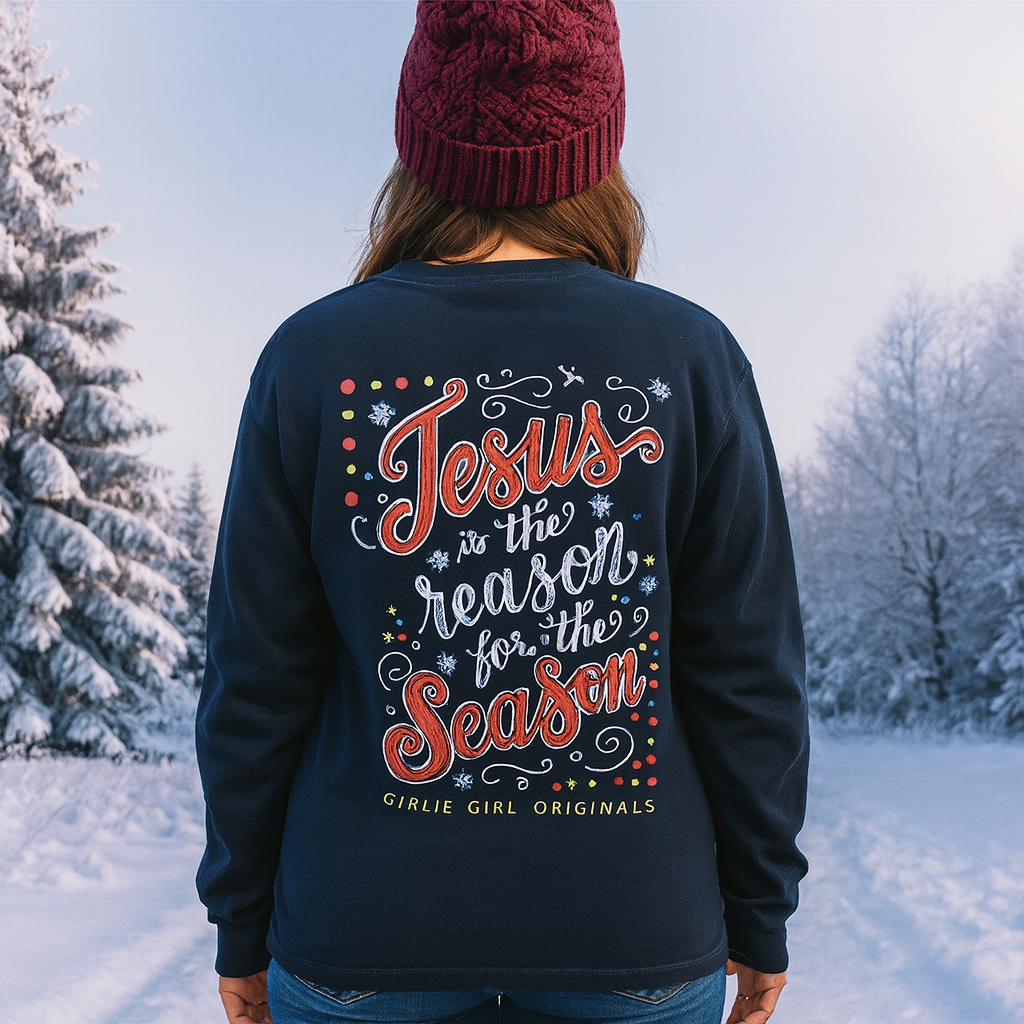 Girlie Girl Preppy Jesus Is The Reason For The Season Holiday Navy Long Sleeve T-Shirt