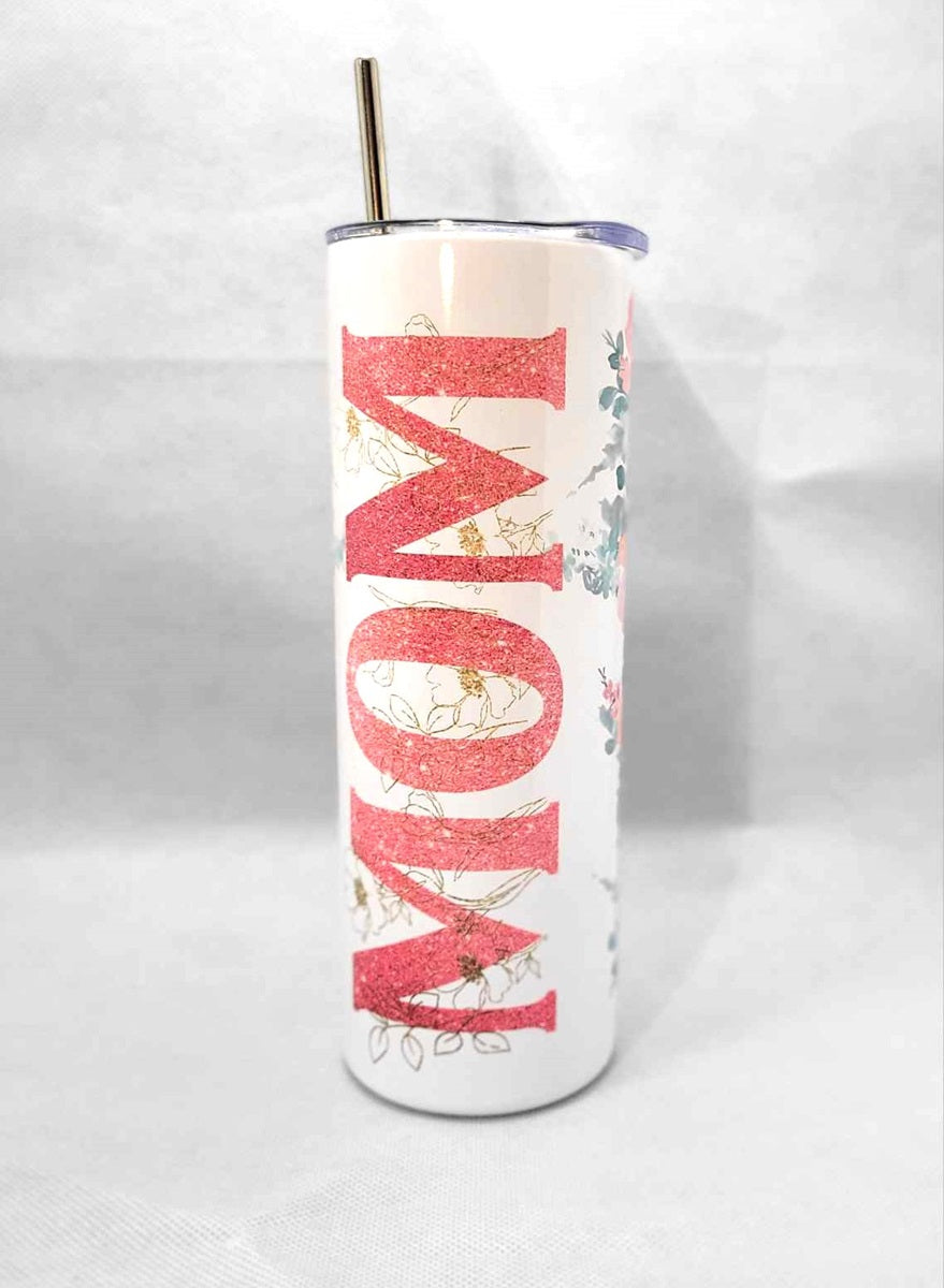 Floral MOM 20 oz Skinny Tumbler Cup With Straw