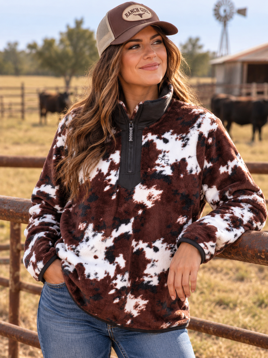 Simply Southern 0226 Quarter Zip Cow Print Pullover Sweater Jacket