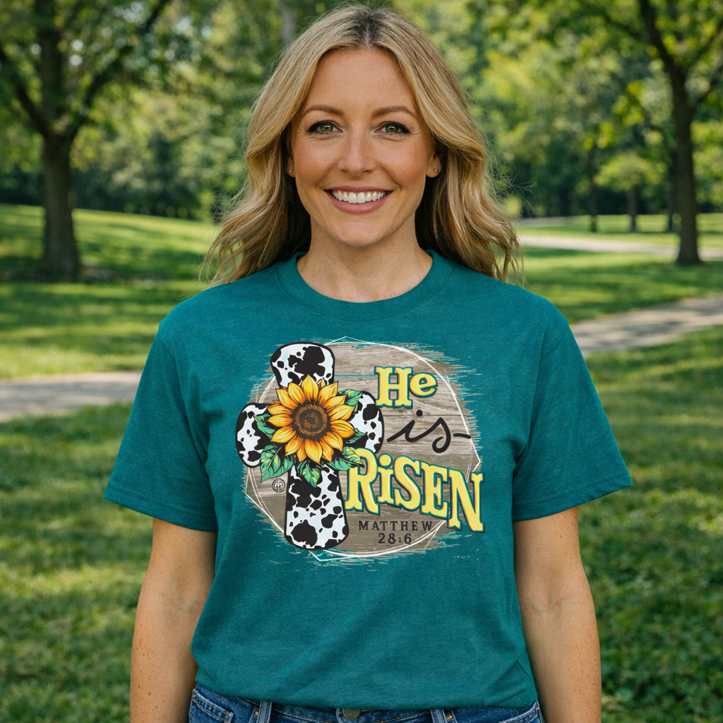 Girlie Girl Originals He Is Risen Sunflower Cross T-Shirt