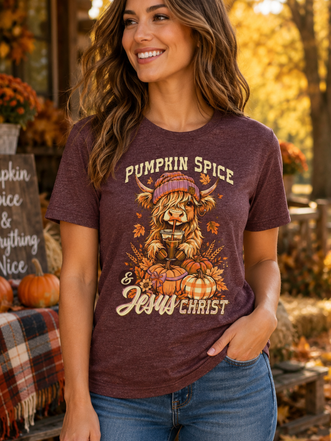 Girlie Girl Lulu Mac Highland Cow Pumpkin Fall Canvas T-Shirt