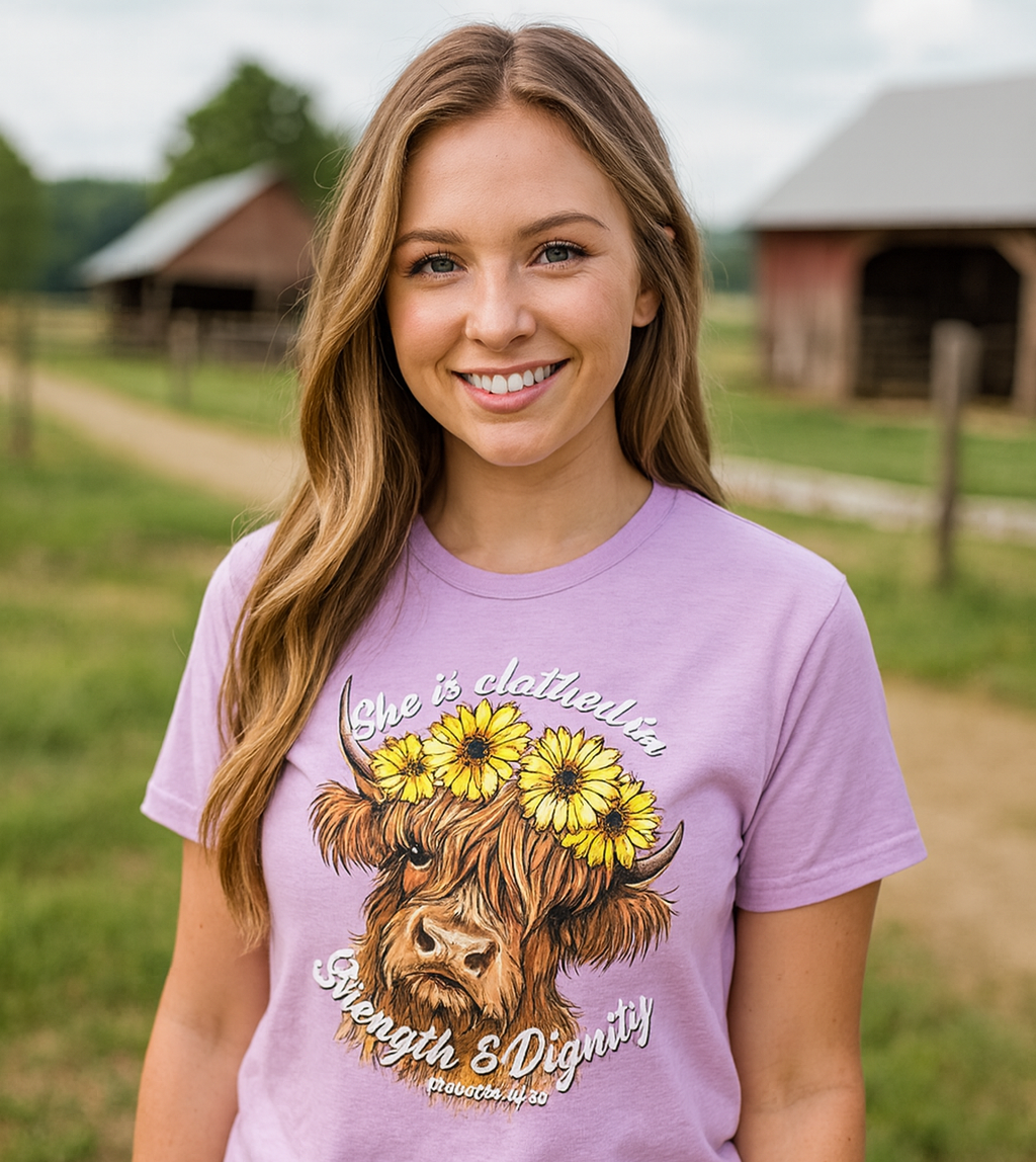 Girlie Girl Lulu Mac Clothed Highland Cow Canvas T-Shirt