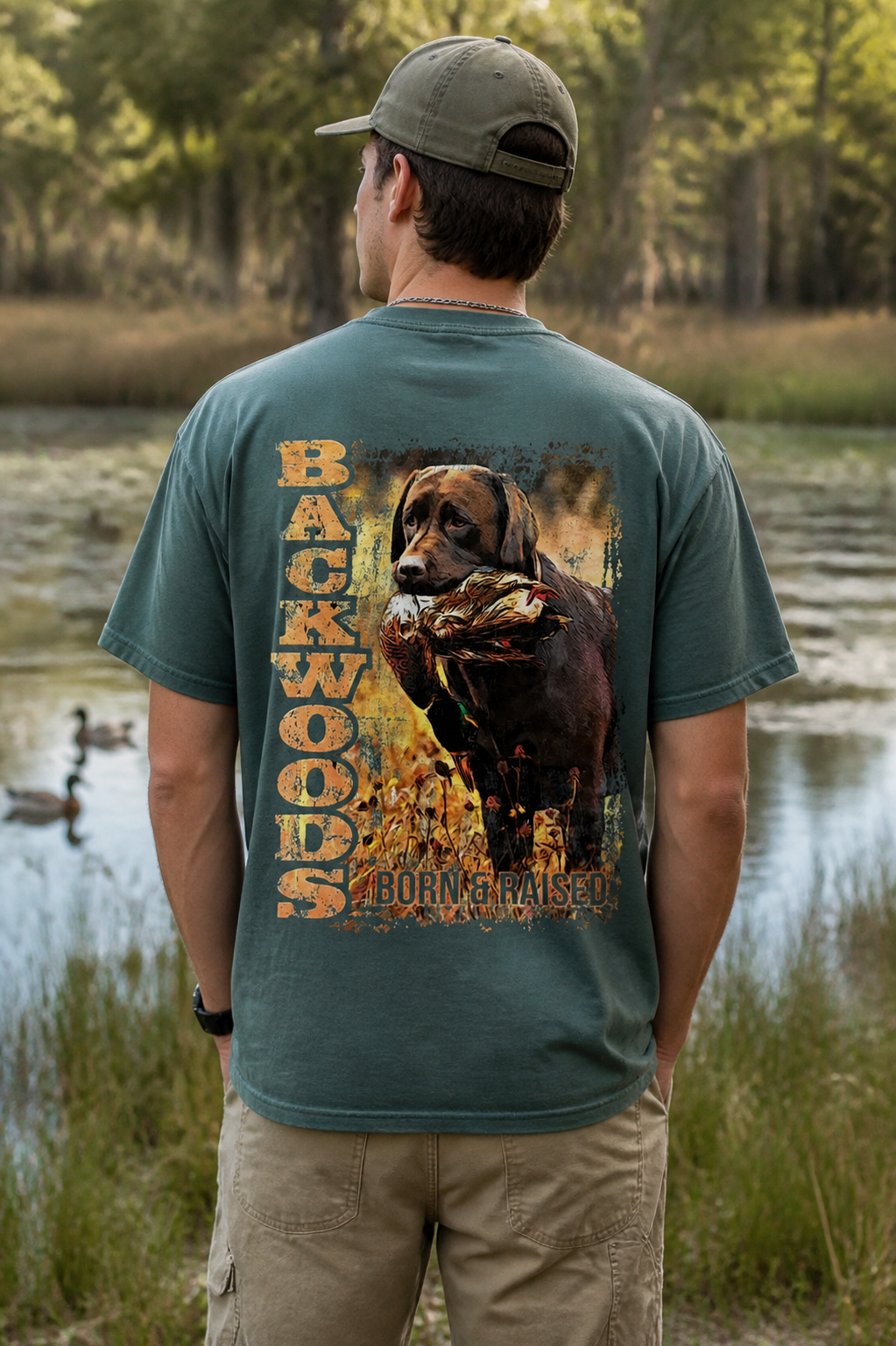 Backwoods Born &amp; Raised Country Brown Lab Duck Hunt Unisex Bright T Shirt