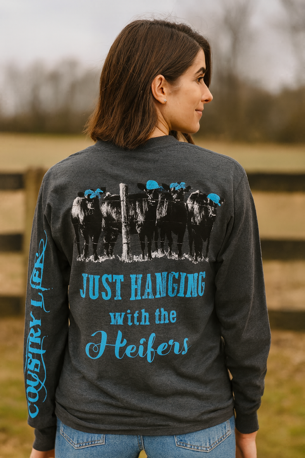 Country Life Preppy Blue Just Hanging Heifer Long Sleeve T-Shirt