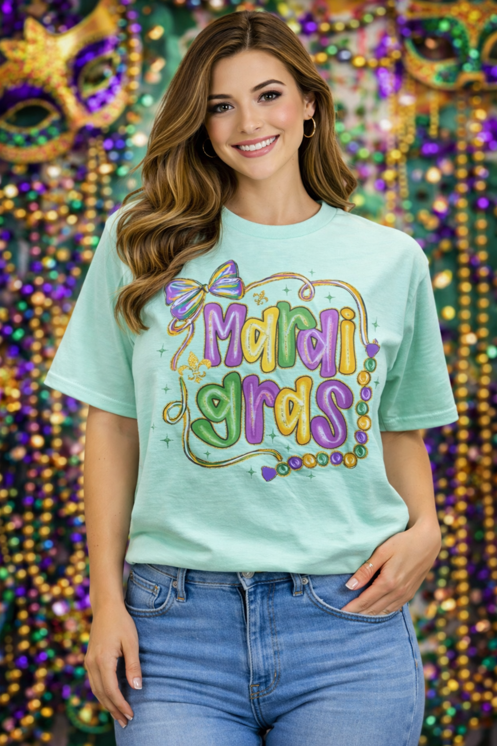 Southern Chics Mardi Gras Bow &amp; Beads Canvas T-Shirt