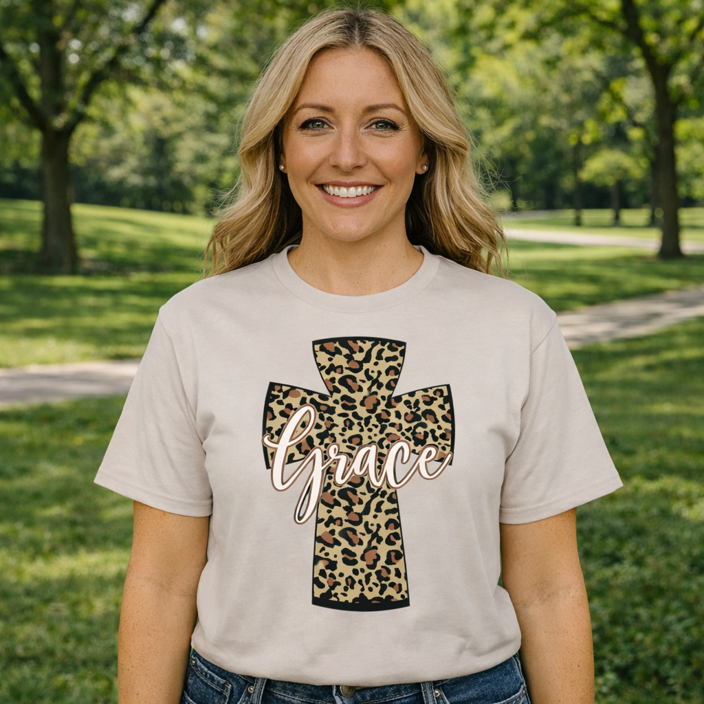Girlie Girl Lulu Mac Leopard Grace Cross Canvas T-Shirt