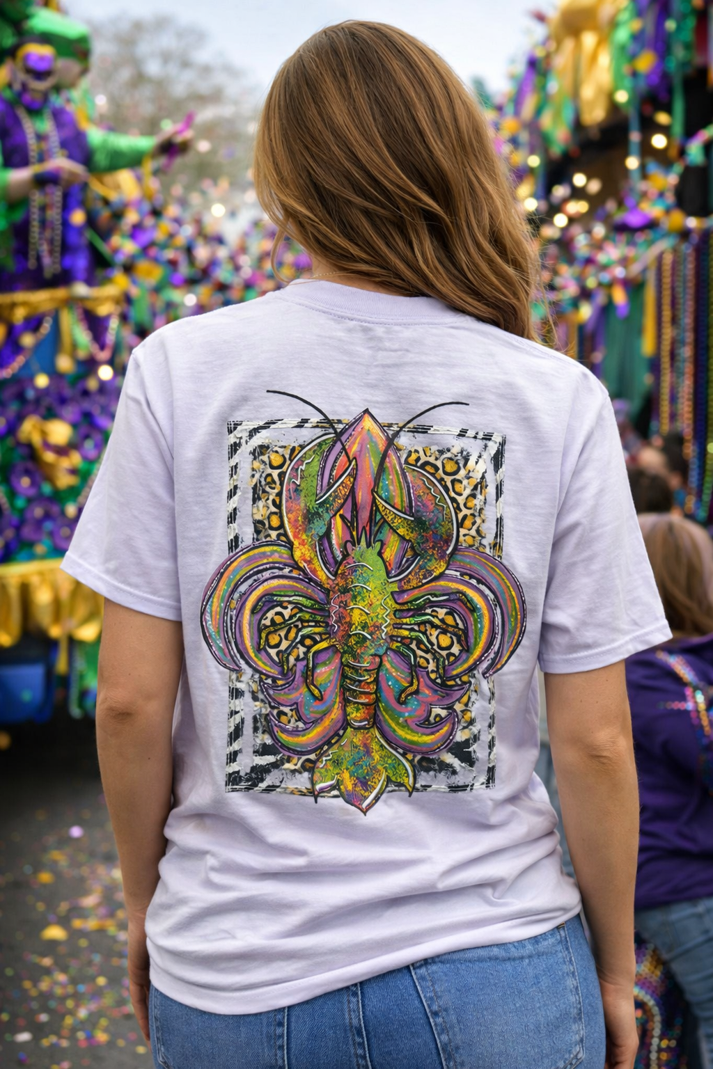 Southern Chics Mardi Gras Fleur De Lis Crawfish T-Shirt