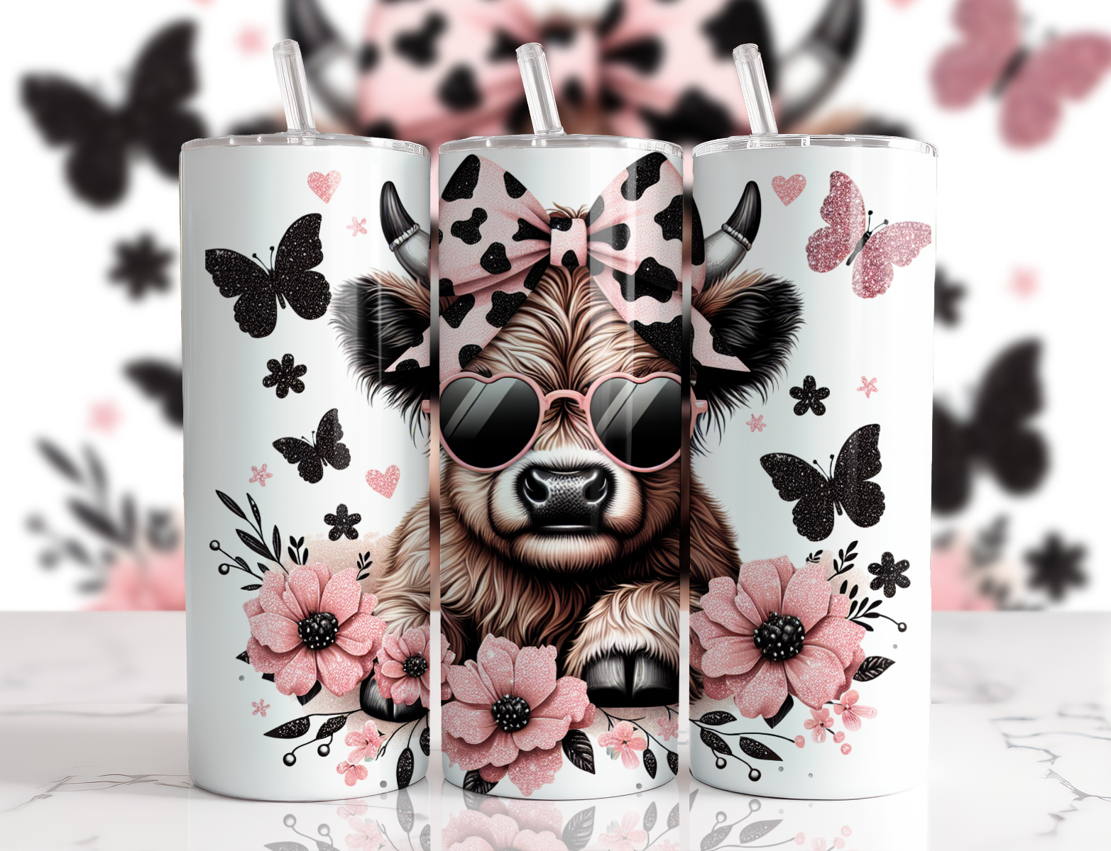 Cute Highland Cow Flowers and Butterflies 20 oz Skinny Tumbler Cup With Straw