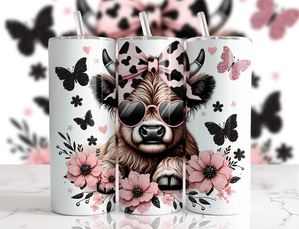 Cute Highland Cow Flowers and Butterflies 20 oz Skinny Tumbler Cup