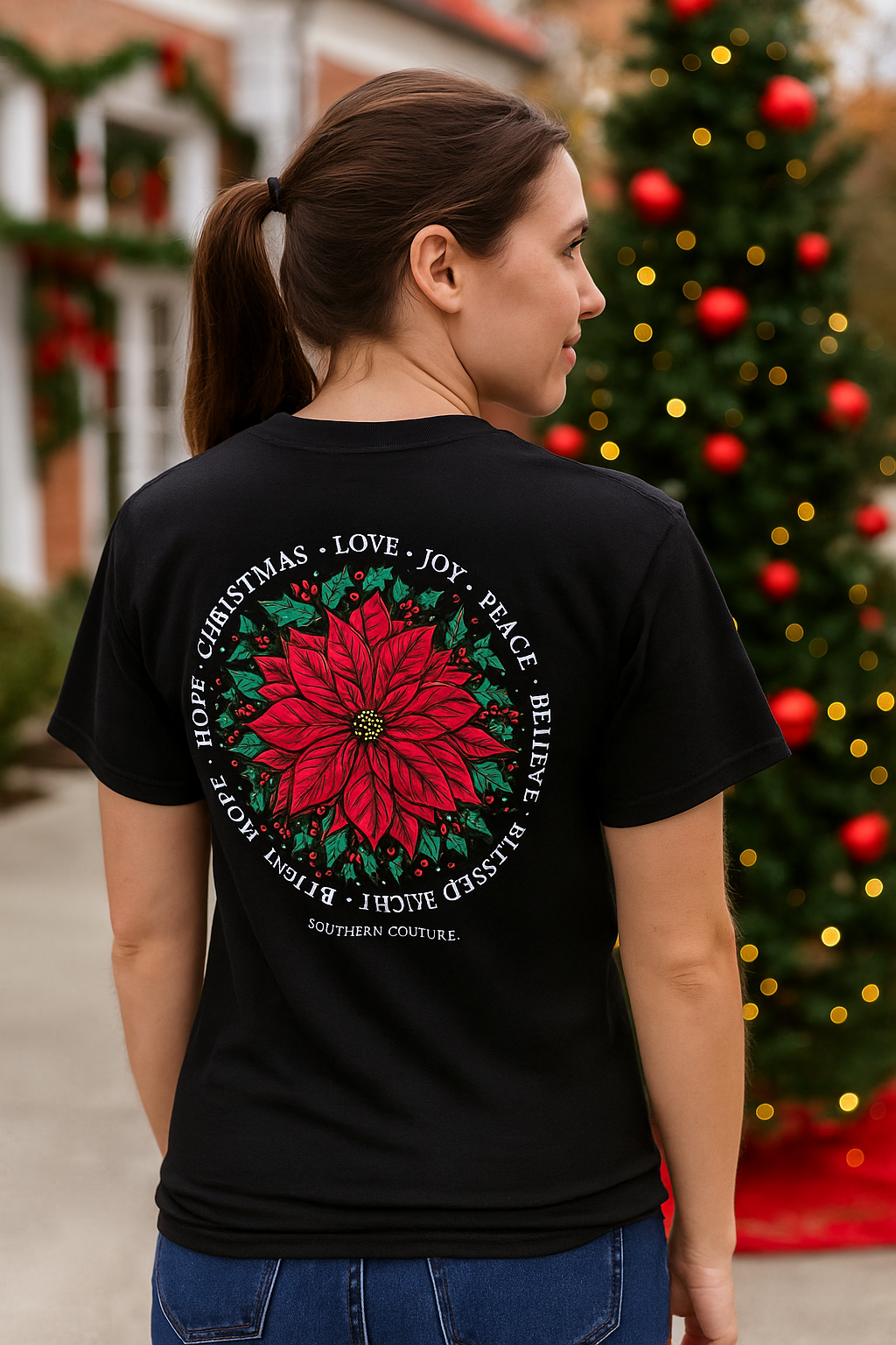Southern Couture Classic Christmas Poinsettia Holiday T-Shirt
